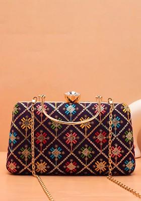 Purple Satin Floral Embroidered Sequinned Box Clutch