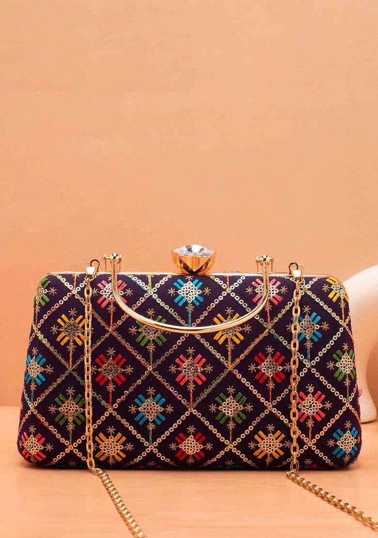 Purple Satin Floral Embroidered Sequinned Box Clutch - Indya