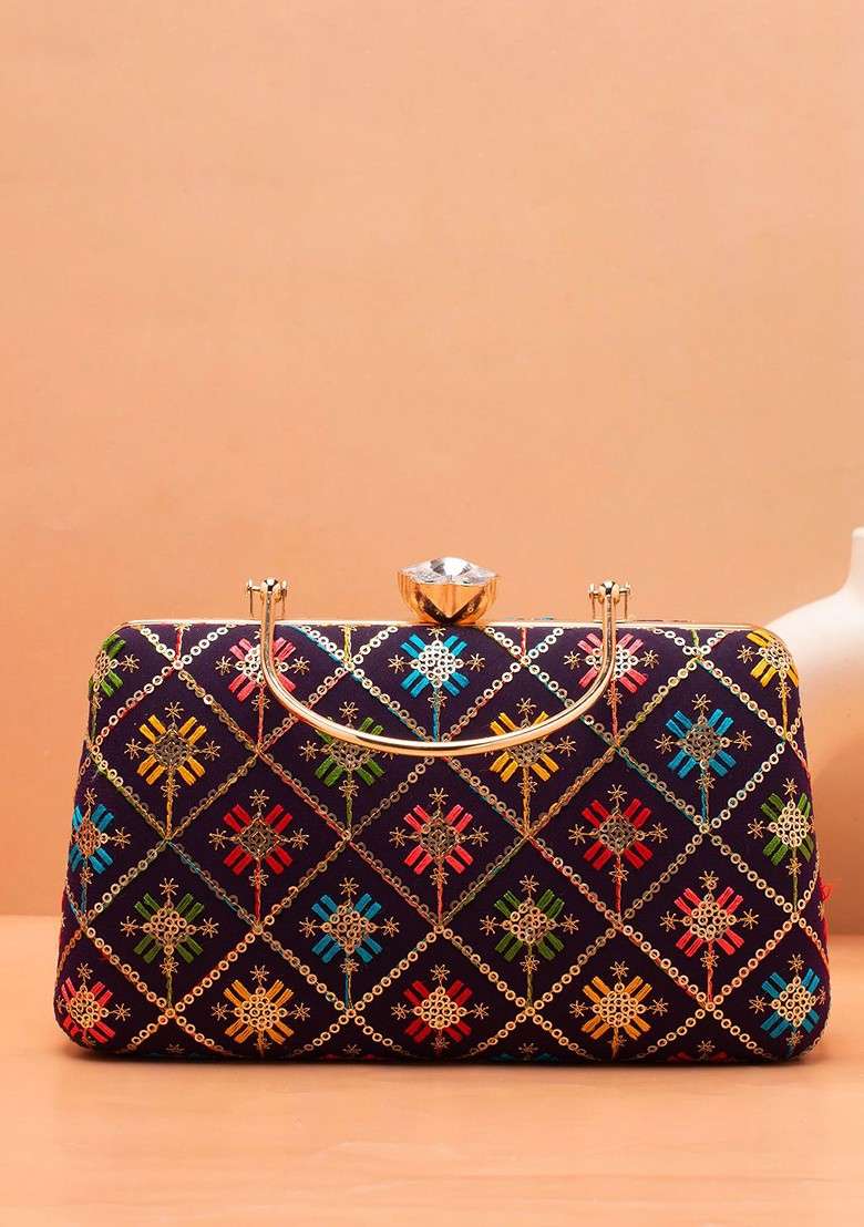 Purple Satin Floral Embroidered Sequinned Box Clutch - Indya
