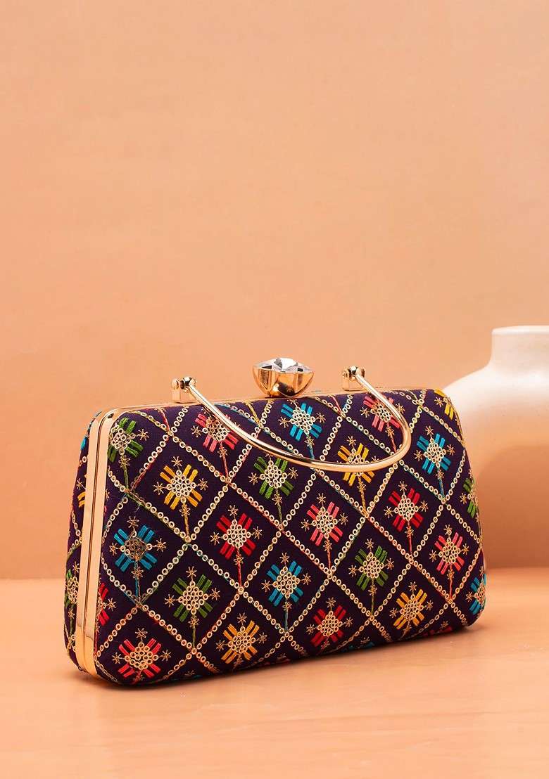 Purple Satin Floral Embroidered Sequinned Box Clutch - Indya