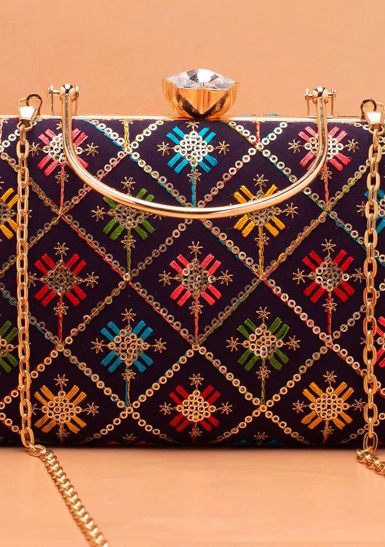 Purple Satin Floral Embroidered Sequinned Box Clutch - Indya