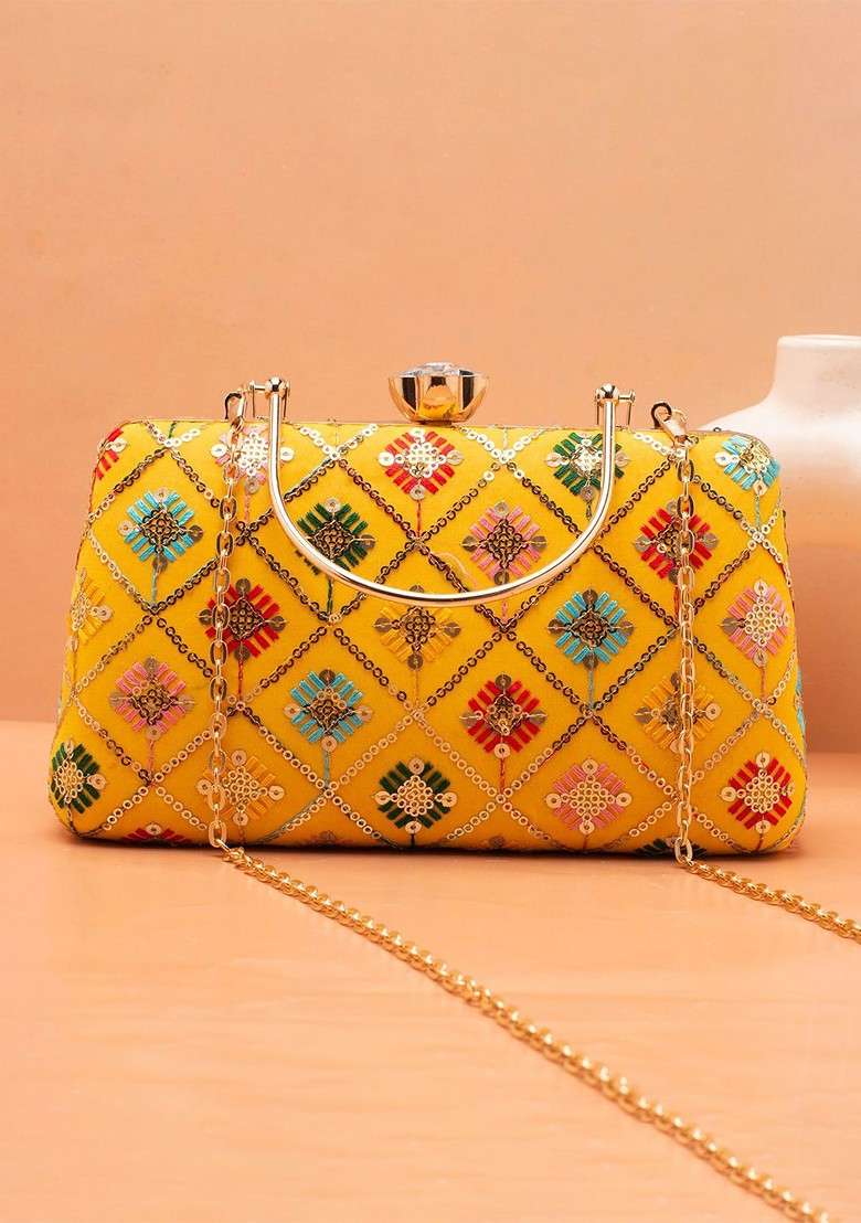 Yellow Satin Embroidered Box Clutch - Indya