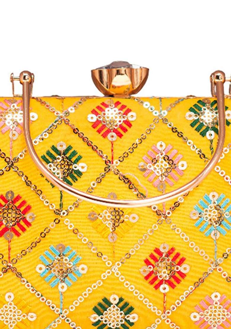 Yellow Satin Embroidered Box Clutch - Indya