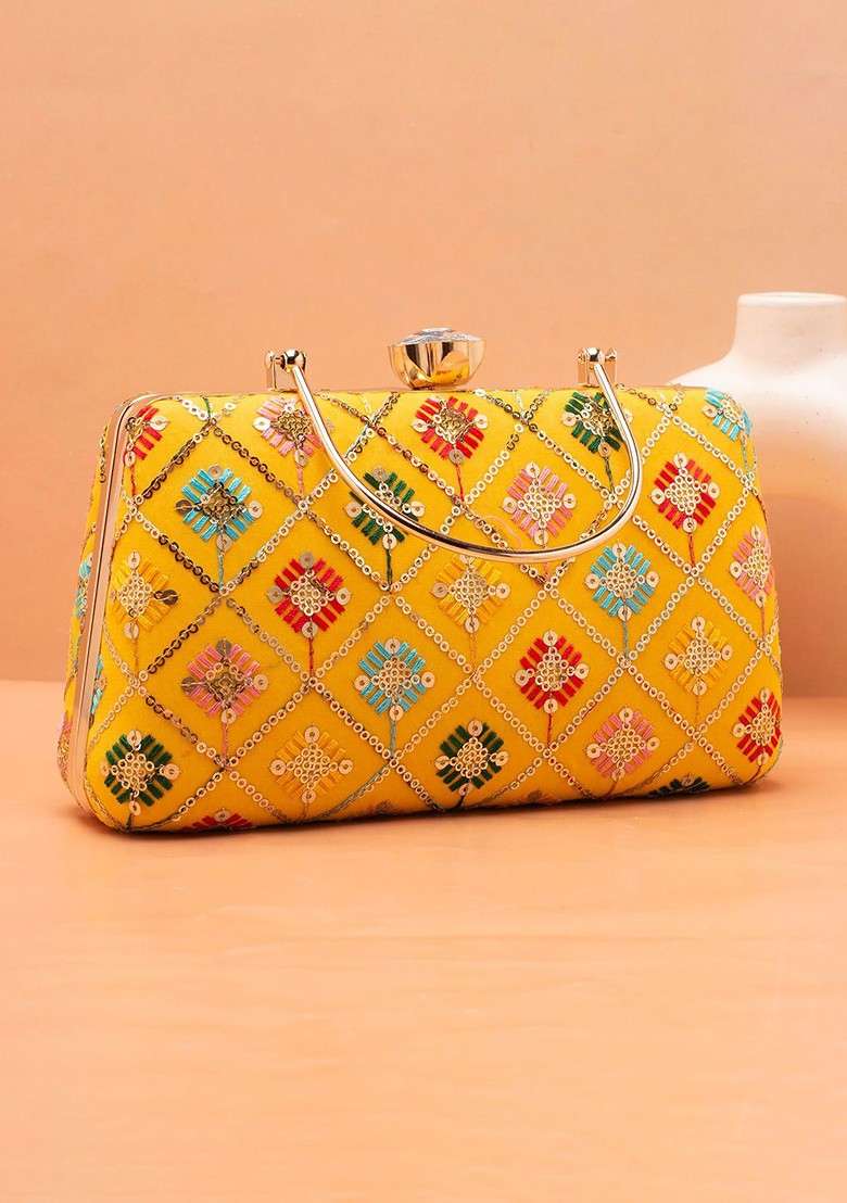 Yellow Satin Embroidered Box Clutch - Indya