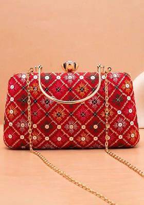 Red Satin Embroidered Box Clutch