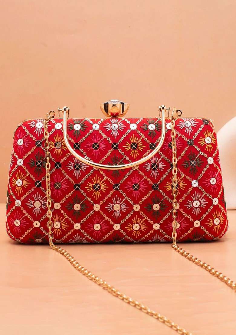 Red Satin Embroidered Box Clutch - Indya