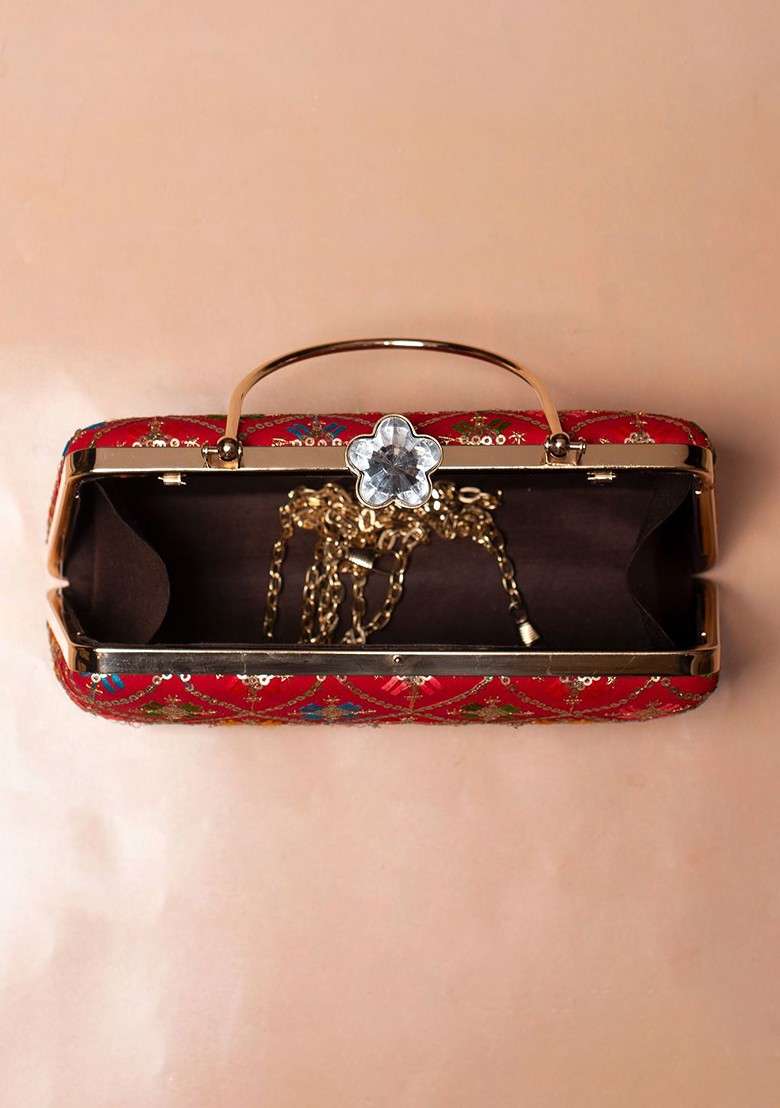 Red Satin Embroidered Box Clutch - Indya