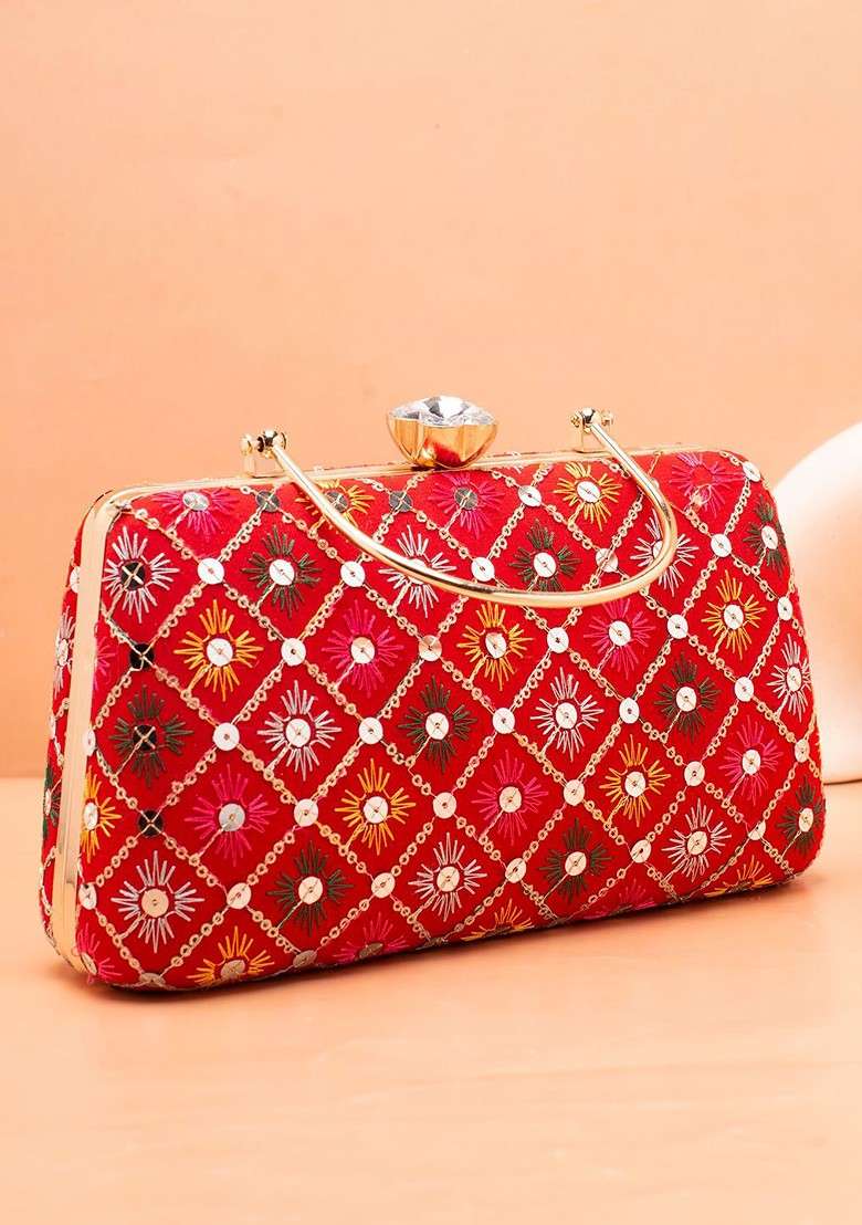 Red Satin Embroidered Box Clutch - Indya