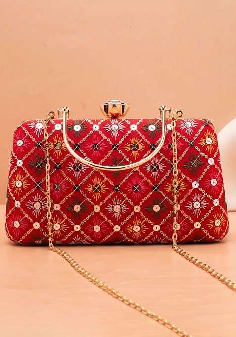 Red Satin Embroidered Box Clutch