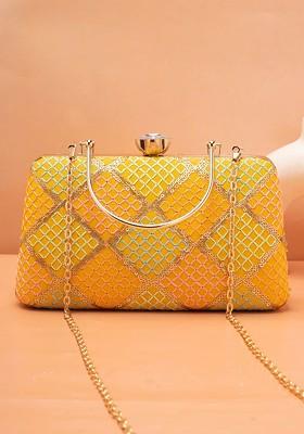 Yellow Satin Checked Embroidered Sequinned Box Clutch
