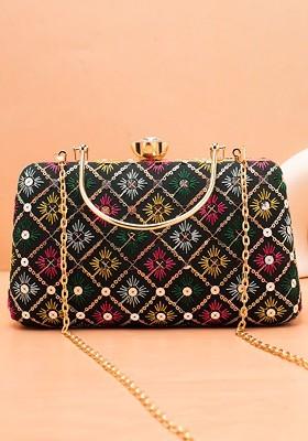 Black Satin Floral Embroidered Sequinned Box Clutch