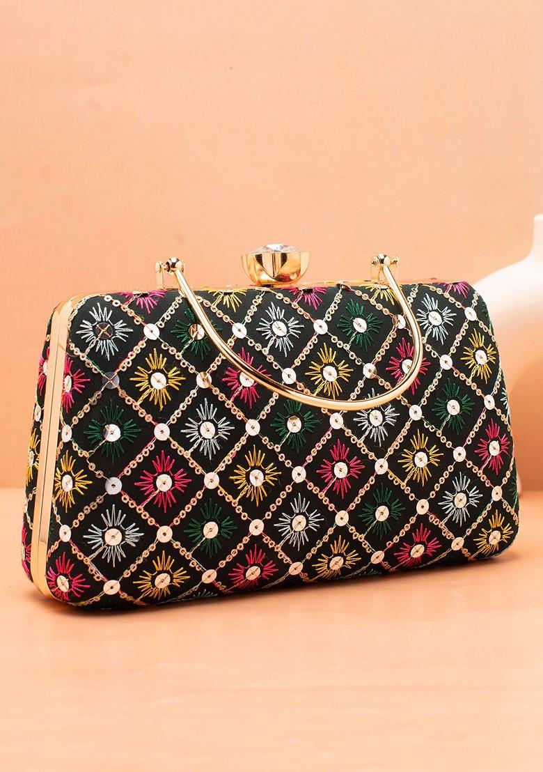 Black Satin Floral Embroidered Sequinned Box Clutch - Indya