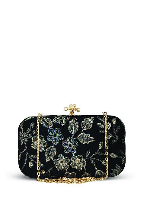 Black Satin Floral Embellished Box Clutch