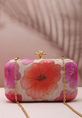 White Satin Floral Embroidered Box Clutch