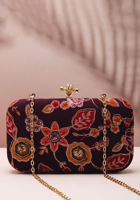 Brown Satin Floral Embellished Box Clutch