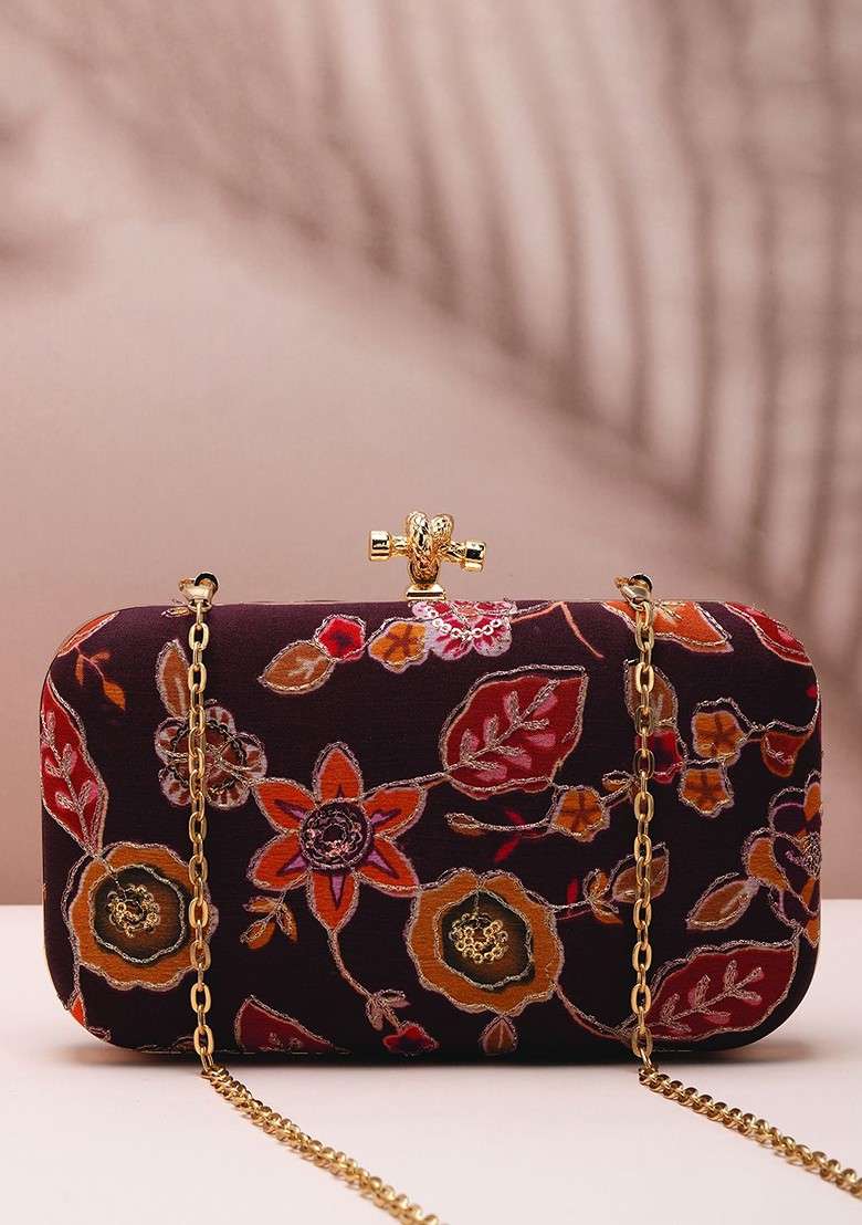 Brown Satin Floral Embellished Box Clutch - Indya