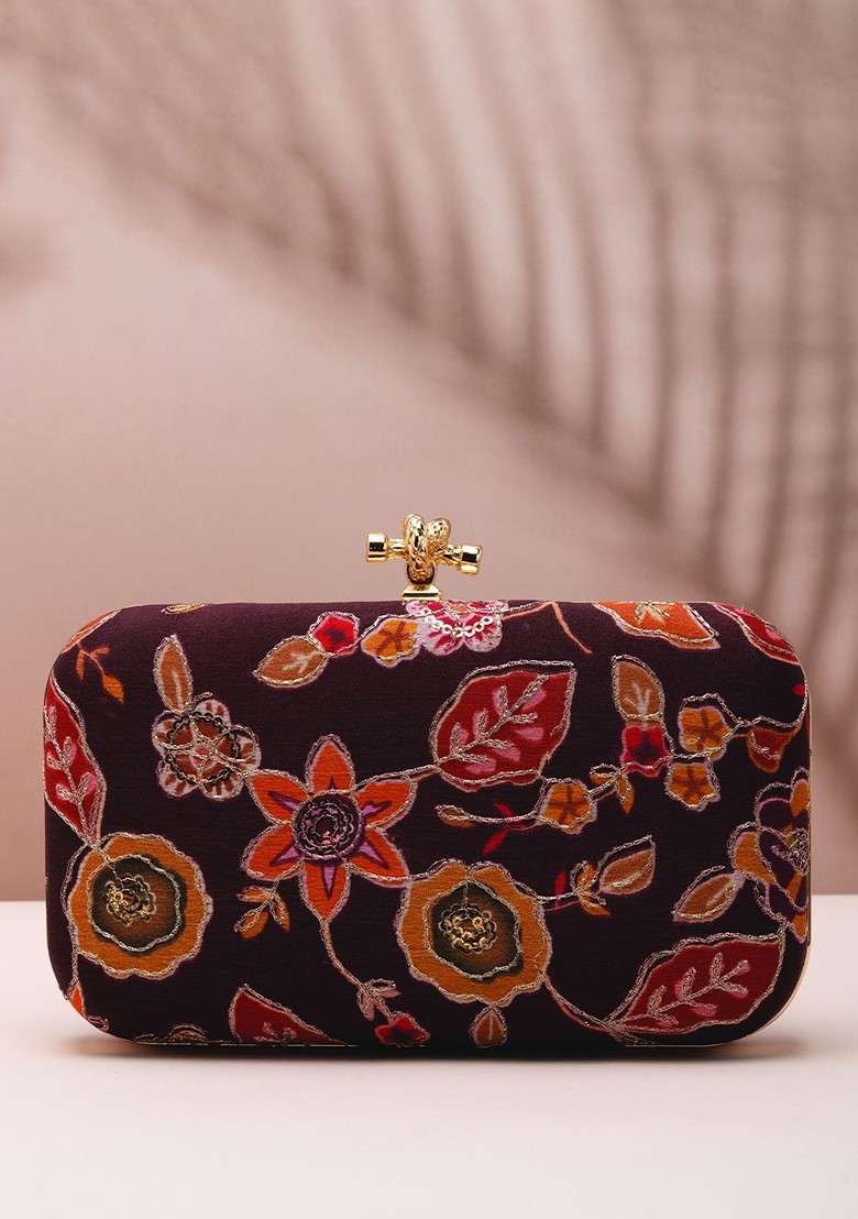 Brown Satin Floral Embellished Box Clutch - Indya