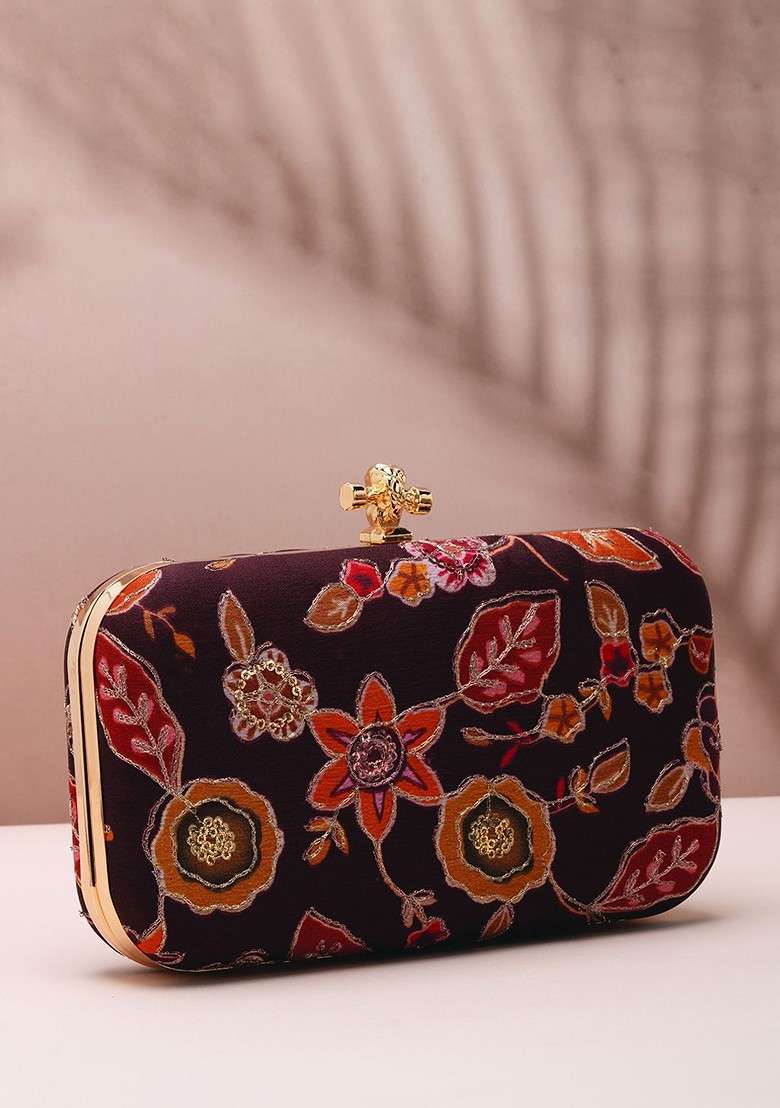 Brown Satin Floral Embellished Box Clutch - Indya