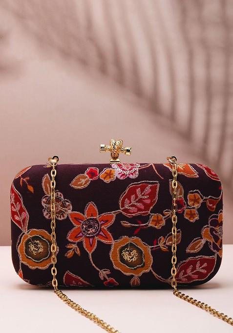 Brown Satin Floral Embellished Box Clutch