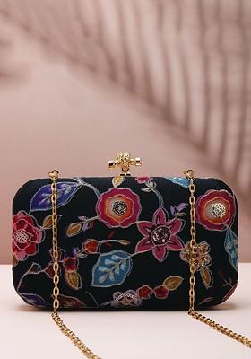 Black Satin Floral Embroidered Sequinned Box Clutch