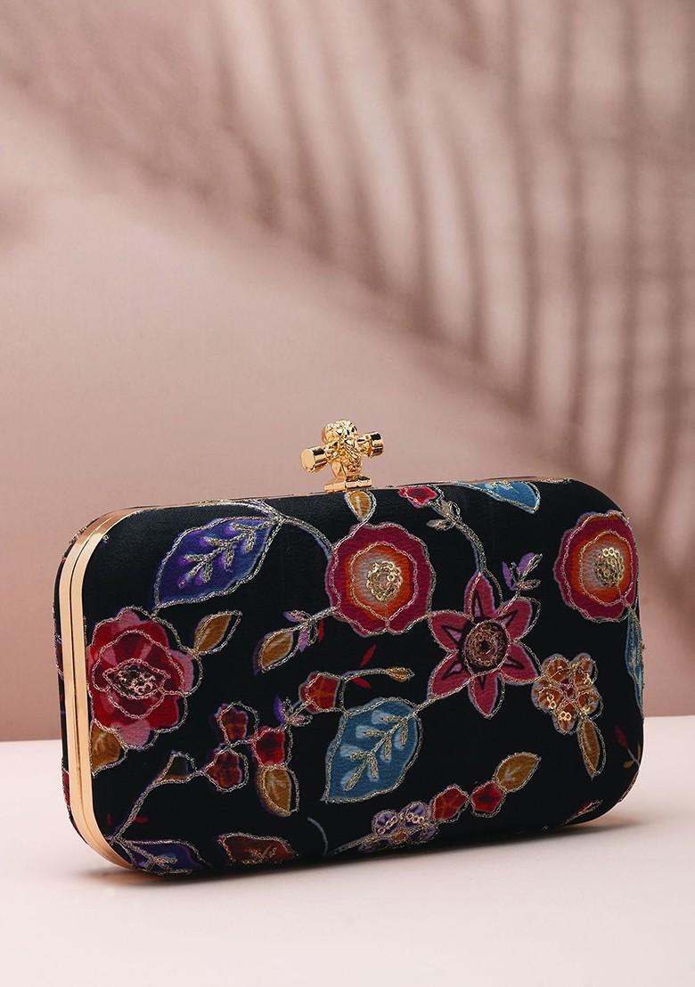 Black Satin Floral Embroidered Sequinned Box Clutch - Indya