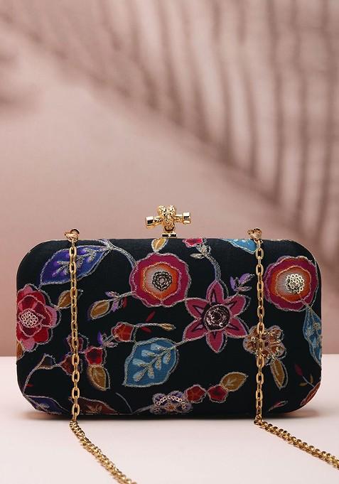 Black Satin Floral Embroidered Sequinned Box Clutch
