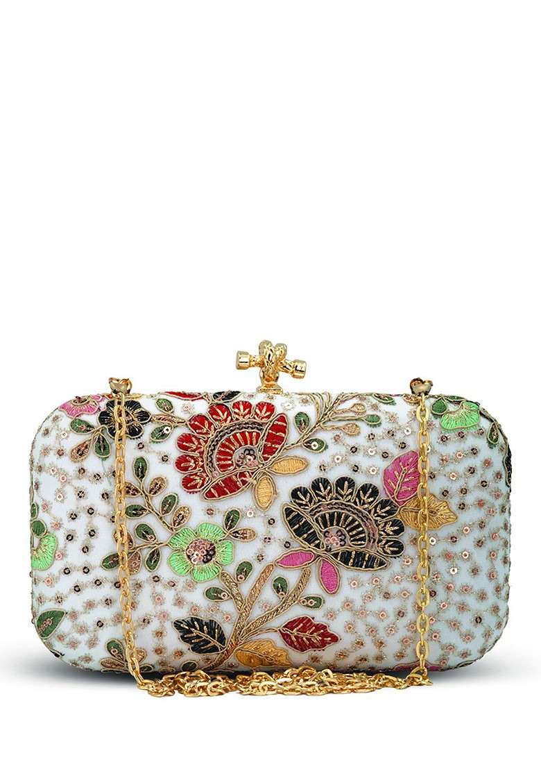 White Satin Floral Embroidered Sequinned Box Clutch - Indya
