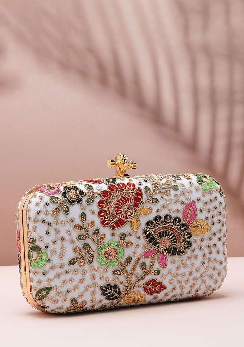 White Satin Floral Embroidered Sequinned Box Clutch - Indya