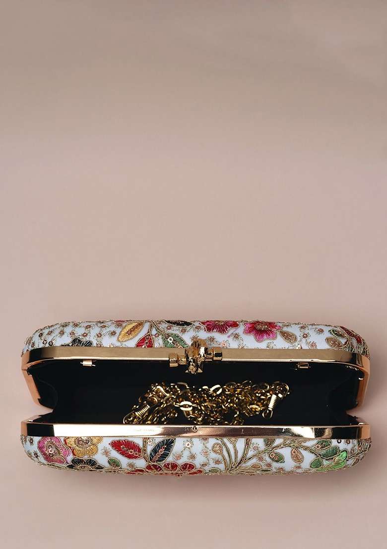 White Satin Floral Embroidered Sequinned Box Clutch - Indya