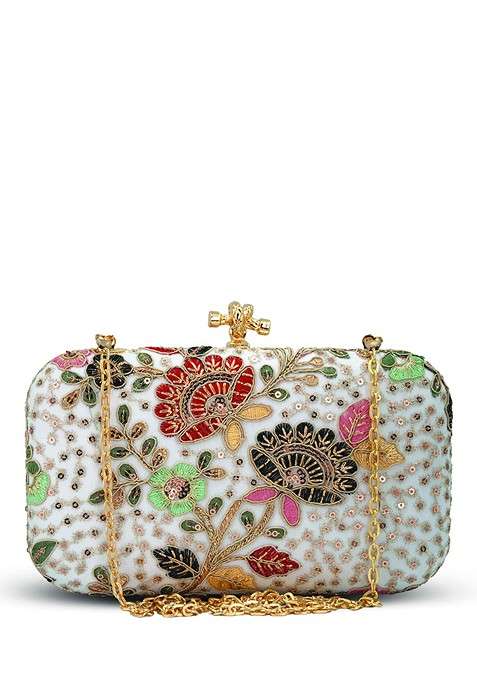 White Satin Floral Embroidered Sequinned Box Clutch