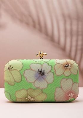 Green Satin Embroidered Box Clutch