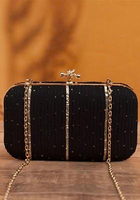Black Satin Embroidered Embellished Box Clutch