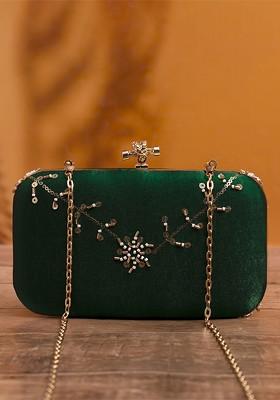 Green Satin Embellished Sequins Box Clutch