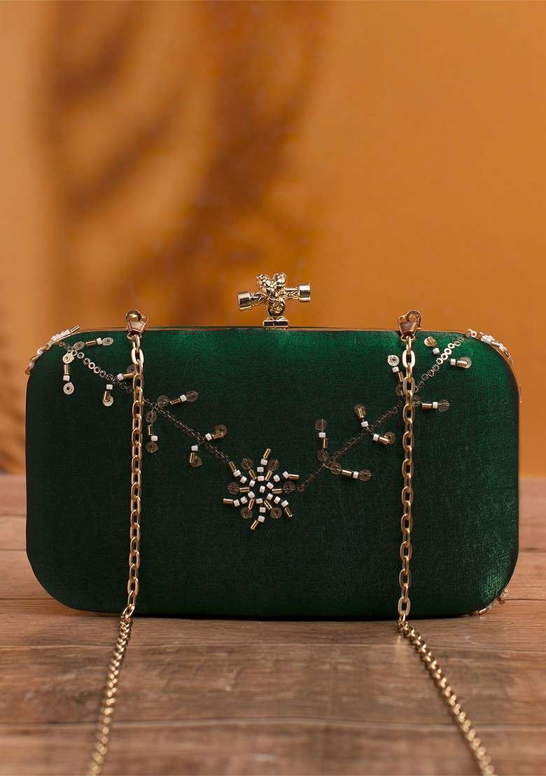 Green Satin Embellished Sequins Box Clutch - Indya