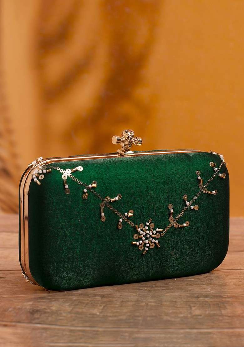 Green Satin Embellished Sequins Box Clutch - Indya