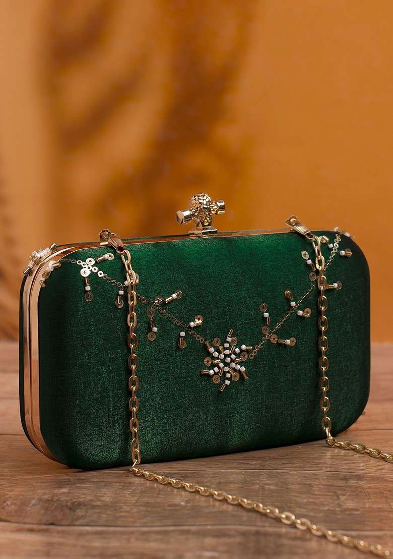 Green Satin Embellished Sequins Box Clutch - Indya