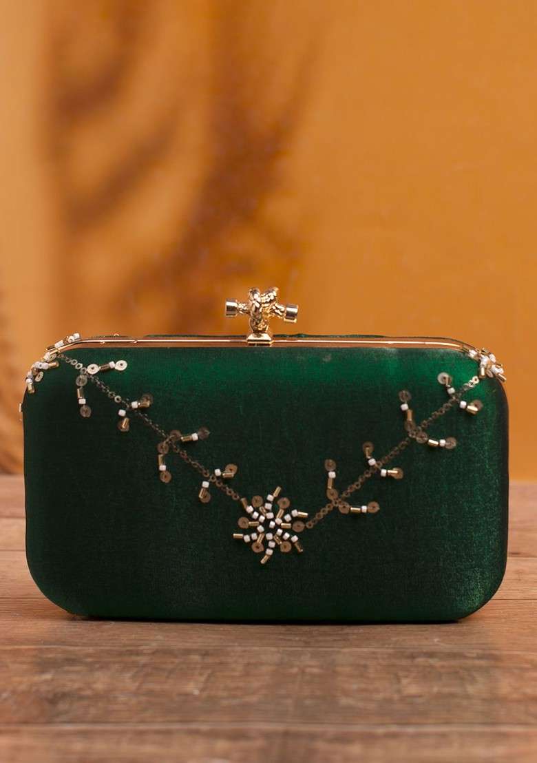 Green Satin Embellished Sequins Box Clutch - Indya