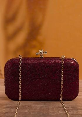 Maroon Satin Embroidered Box Clutch