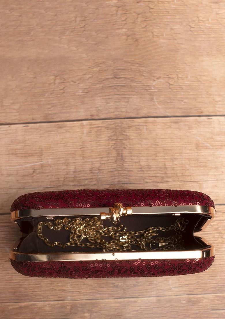 Maroon Satin Embroidered Box Clutch - Indya