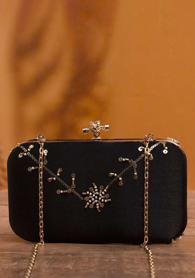 Black Satin Embroidered Sequins Box Clutch - Indya
