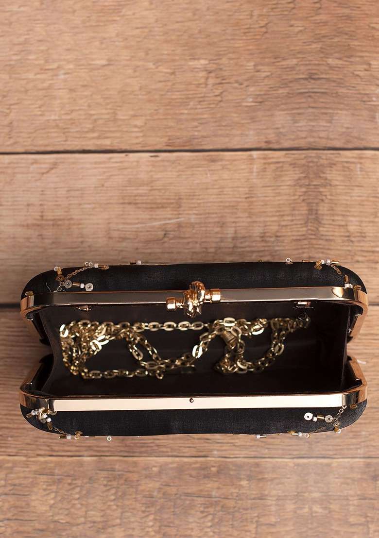 Black Satin Embroidered Sequins Box Clutch - Indya