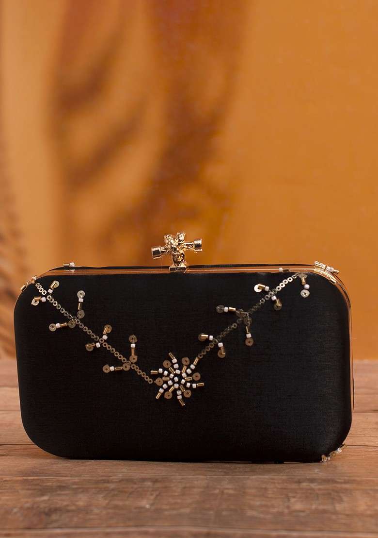 Black Satin Embroidered Sequins Box Clutch - Indya