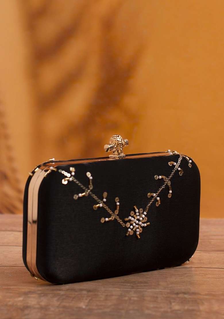 Black Satin Embroidered Sequins Box Clutch - Indya