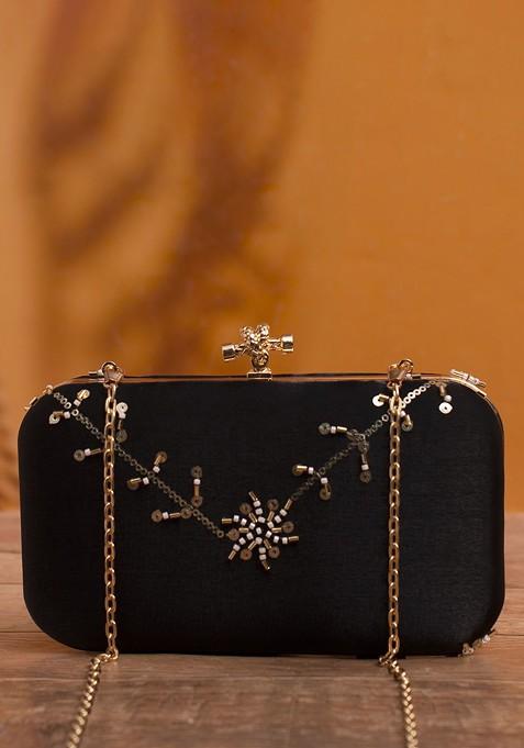 Black Satin Embroidered Sequins Box Clutch