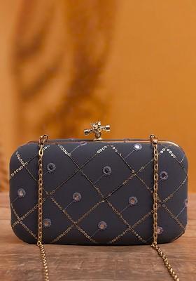 Grey Satin Embroidered Box Clutch
