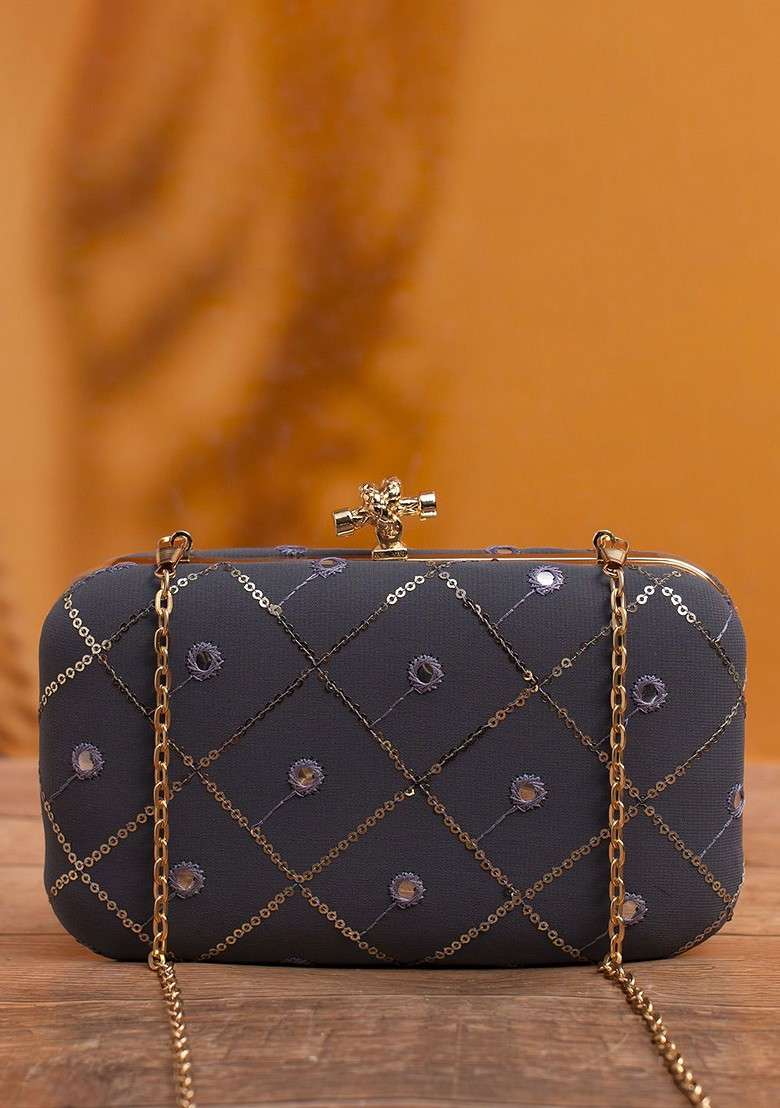 Grey Satin Embroidered Box Clutch - Indya