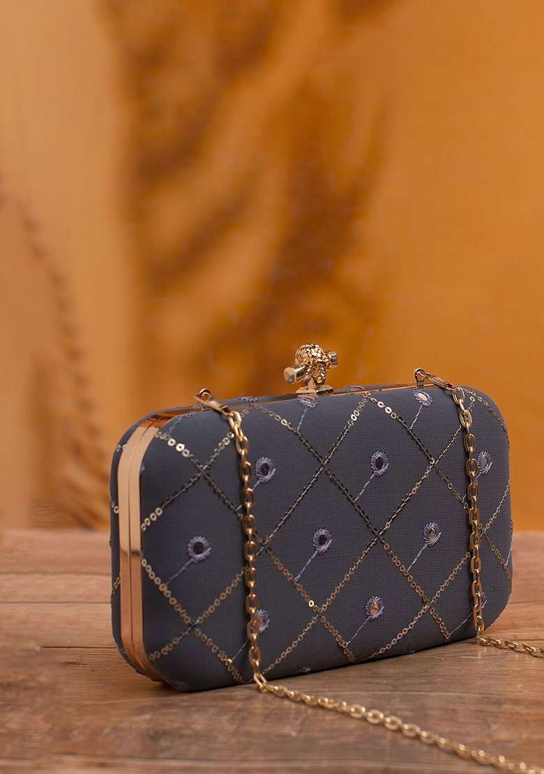 Grey Satin Embroidered Box Clutch - Indya