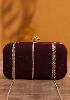 Maroon Satin Embroidered Box Clutch
