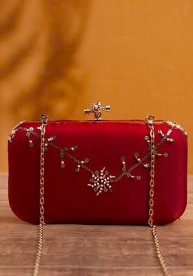 Red Satin Embroidered Sequins Box Clutch