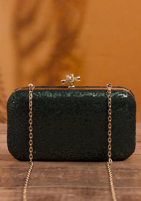 Green Satin Embellished Sequins Box Clutch